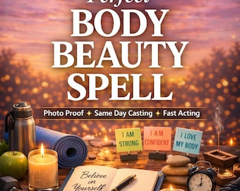 May include: A poster with the text Perfect BODY BEAUTY SPELL, Photo Proof, Same Day Casting, Fast Acting. Below, a wooden table holds a yoga mat, a green apple, a lit candle, a notebook with Believe in Yourself, a pen, affirmation cards, stones, an alarm clock, incense, and sneakers.
