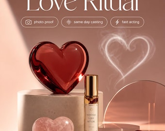 May include: A glass bottle labeled Intense Love Ritual containing oil and petals, accompanied by a red glass heart, a pink quartz heart, two gold rings, and red rose petals. Text reads Intense Love Ritual, photo proof, same day casting, fast acting.