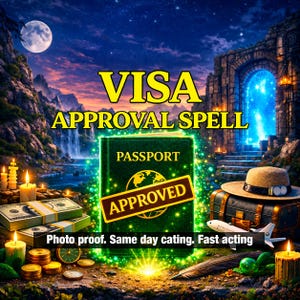 Puede incluir: Un pasaporte verde con un sello de APPROVED, rodeado de fajos de billetes, un sombrero beige, un avión de juguete y velas. El texto dice VISA APPROVAL SPELL, PASSPORT, APPROVED y Photo proof. Same day cating. Fast acting.