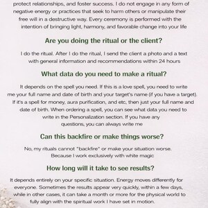 May include: A white informational document titled QUESTIONS AND ANSWERS with dark green text detailing ritual services. The content addresses inquiries about white magic, ritual procedures, required client data, potential outcomes, and expected timelines for results.