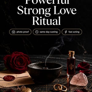 May include: A black bowl with a smoking incense cone, a small glass bottle with a gold cap and heart emblem, a rose, a wax-sealed envelope labelled To My Love, a gold heart locket, two gold rings, and a rose quartz crystal on a dark surface.