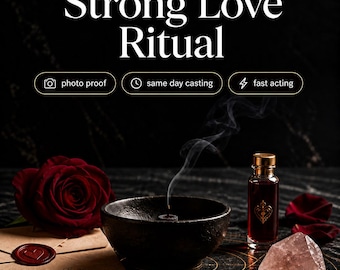 May include: A black bowl with a smoking incense cone, a small glass bottle with a gold cap and heart emblem, a rose, a wax-sealed envelope labeled To My Love, a gold heart locket, two gold rings, and a rose quartz crystal on a dark surface.