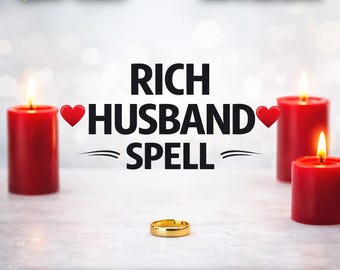 May include: A gold-colored ring centered between three red pillar candles. The text reads 1,000+ SALES, 5.0 STARS REVIEWS, RICH HUSBAND SPELL, PHOTO PROOF, SAME DAY CASTING, and FAST ACTING. The background is a soft, out-of-focus white surface.