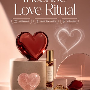 May include: A glass bottle labeled Intense Love Ritual containing oil and petals, accompanied by a red glass heart, a pink quartz heart, two gold rings, and scattered red rose petals. Text includes Intense Love Ritual, photo proof, same day casting, and fast acting.