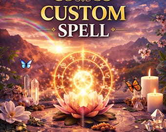May include: A digital graphic titled CUSTOM SPELL featuring a glowing golden zodiac wheel above a pink lotus flower. The scene includes white candles, clear crystals, and butterflies against a sunset mountain backdrop with a rainbow.