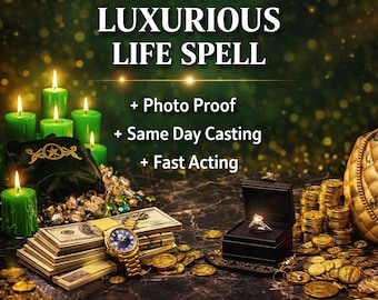 May include: A display featuring the text LUXURIOUS LIFE SPELL, + Photo Proof, + Same Day Casting, + Fast Acting. Includes green candles, a stack of US dollar bills, a gold-tone wristwatch, a diamond ring in a black box, and gold coins.
