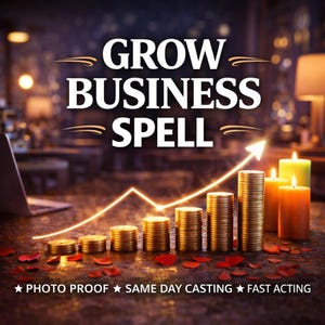 May include: A graphic featuring the text GROW BUSINESS SPELL with stacks of gold coins arranged in an ascending line graph pattern, a glowing upward arrow, three lit pillar candles, and scattered red petals, plus the text PHOTO PROOF SAME DAY CASTING FAST ACTING.