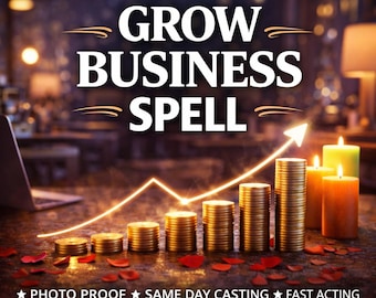 May include: A graphic featuring the text GROW BUSINESS SPELL with stacks of gold coins arranged in an ascending line graph pattern, a glowing upward arrow, three lit pillar candles, and scattered red petals, plus the text PHOTO PROOF SAME DAY CASTING FAST ACTING.