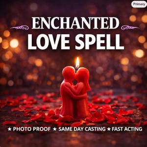 Può includere: Una candela rossa a forma di due figure che si abbracciano e si baciano, sormontata da una fiamma accesa. La candela è circondata da petali di rosa rossi sparsi. Il testo recita: ENCHANTED LOVE SPELL, PHOTO PROOF, SAME DAY CASTING, FAST ACTING.