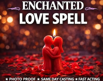 May include: A red candle shaped like two figures embracing and kissing, topped with a lit flame. The candle is surrounded by scattered red rose petals. Text reads: ENCHANTED LOVE SPELL, PHOTO PROOF, SAME DAY CASTING, FAST ACTING.