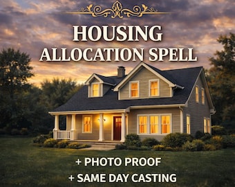 May include: A digital graphic featuring a two-story house with light gray siding and a dark roof at sunset. The text reads HOUSING ALLOCATION SPELL, + PHOTO PROOF, + SAME DAY CASTING, and + FAST ACTING. The house has illuminated windows and a front porch.
