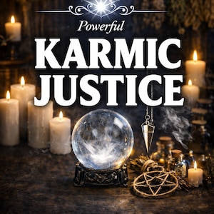 Puede incluir: Una esfera de cristal transparente sobre una base oscura ornamentada, un péndulo metálico y un pentagrama trenzado. El texto dice Powerful KARMIC JUSTICE, Photo Proof, Same Day Casting y Fast Acting. Varias velas blancas están encendidas.