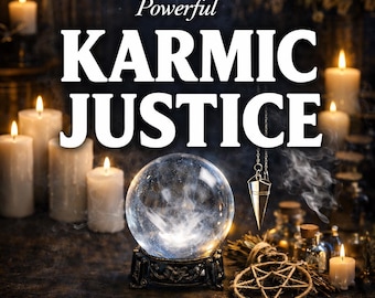 May include: A clear crystal sphere on an ornate dark base, a metallic pendulum, and a woven pentagram. The text reads Powerful KARMIC JUSTICE, Photo Proof, Same Day Casting, and Fast Acting. Several white candles are lit in the background.