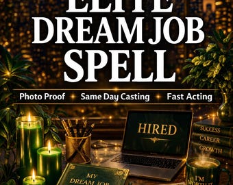 May include: A desk scene featuring a green book titled MY DREAM JOB HIRED, a laptop screen displaying HIRED, a document with the text JOB OFFER Position: Your Dream Job HIRED, three green candles, a pen holder, and a mug with the text I'M WORTH IT.