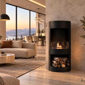 Puede incluir: Una chimenea cilíndrica de color negro mate que presenta una sección superior abierta con una llama protegida por cristal y un compartimento inferior lleno de leña apilada. La unidad se sitúa contra una pared texturizada en un espacio moderno.
