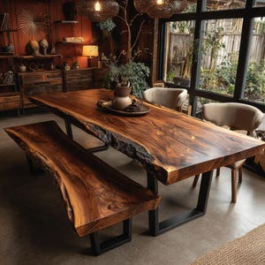 May include: A large rectangular dining table and a matching bench made from dark brown wood with natural live edges, supported by black metal U-shaped legs. The set is accompanied by two beige upholstered chairs with curved backrests.