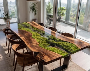 Walnut Live Edge Epoxy River Dining Table | Custom Solid Wood Furniture