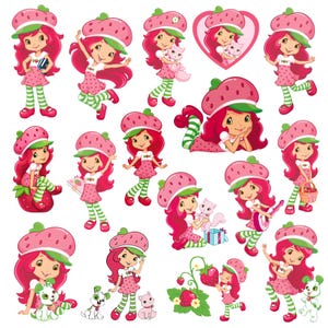 May include: A collection of illustrations featuring a character with long magenta hair, wearing a strawberry-shaped hat, a white shirt, a pink polka-dot skirt, and green and white striped leggings, shown in various poses with pets and accessories.
