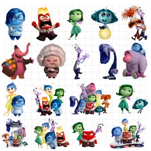 May include: A collection of stickers featuring characters from the movie Inside Out, including Sadness, Anger, Disgust, Fear, Joy, Bing Bong, and Anxiety in various poses and groupings, displayed on a white grid background for clear organization.