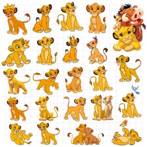 May include: A collection of twenty-five individual illustrations featuring a young lion character in various poses, including sitting, standing, and playing. Some images include a small butterfly, a crown, or a meerkat and warthog companion.