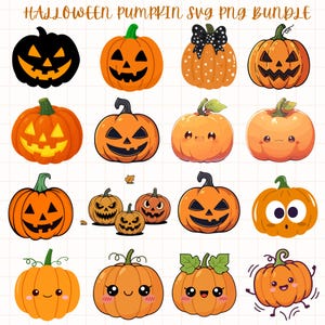 Puede incluir: Una colección digital de dieciséis ilustraciones de calabazas de Halloween etiquetada HALLOWEEN PUMPKIN SVG PNG BUNDLE. El conjunto presenta varias calabazas naranjas con caras talladas, expresiones lindas, lunares y siluetas negras.