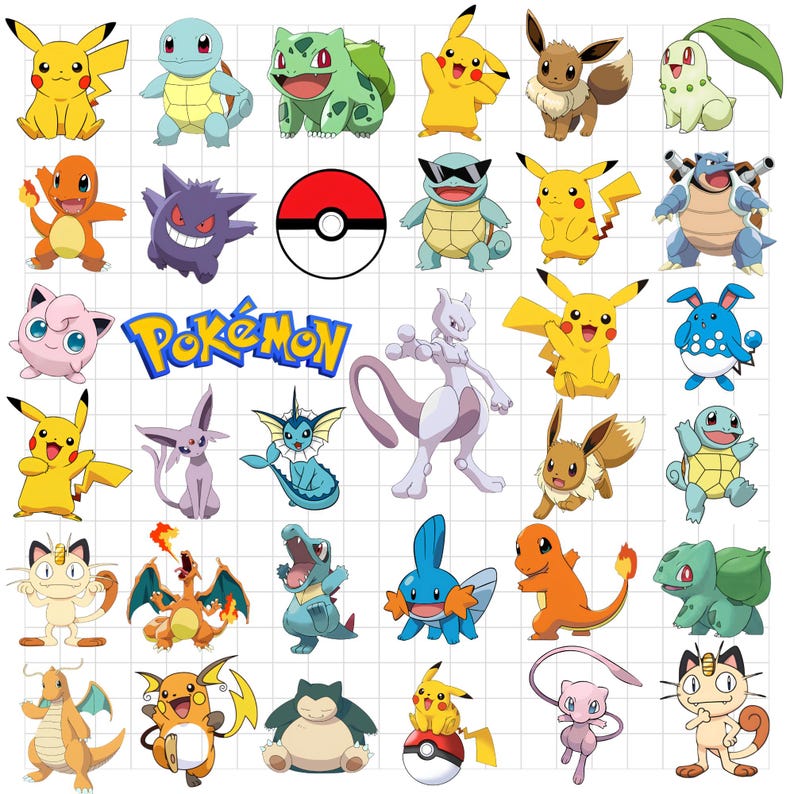 May include: A collection of colorful Pok&eacute;mon character stickers featuring Pikachu, Squirtle, Bulbasaur, Charmander, Eevee, Mewtwo, and others, along with a red and white Pok&eacute; Ball icon and the blue and yellow Pok&eacute;mon logo on a white grid background.