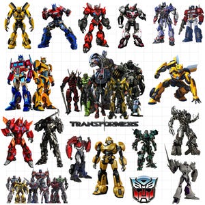 Könnte beinhalten: Eine Sammlung verschiedener Transformers-Roboter-Actionfiguren in unterschiedlichen Posen und Farben, darunter Gelb, Rot, Blau und metallisches Silber, mit dem Transformers-Logo und Schriftzug in der Mitte auf einem Hintergrund mit Gittermuster.