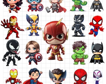 Pakiet Chibi Superhero PNG SVG, Baby Iron Man Thor Hulk Black Panther, Avengers Clip Art Kids, Pobieranie cyfrowe