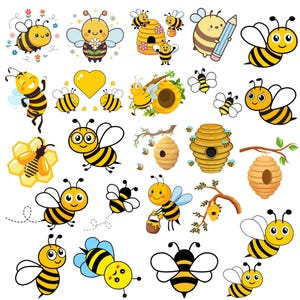 Puede incluir: Una colección de ilustraciones de abejas de dibujos animados con varias abejas de rayas amarillas y negras, panales y colmenas. Las abejas se muestran en diferentes poses, algunas sosteniendo lápices o tarros de miel, volando cerca de ramas.
