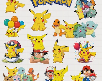 Pakiet Pokemon Clipart PNG, obrazy postaci Pikachu, pliki PNG z kreskówek, przezroczyste tło, pobieranie cyfrowe, natychmiastowe pobieranie