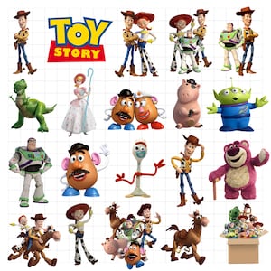May include: A collection of Toy Story character stickers featuring Woody, Buzz Lightyear, Jessie, Bo Peep, Rex, Mr. and Mrs. Potato Head, Hamm, an Alien, Forky, Lotso, and Bullseye, with the Toy Story logo and a box filled with toys.