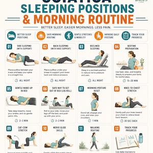 May include: An educational infographic titled Sciatica Sleeping Positions & Morning Routine by Salus Labs. It features twelve numbered illustrations showing various body positions, stretches, and habits to manage pain, including text instructions for each.