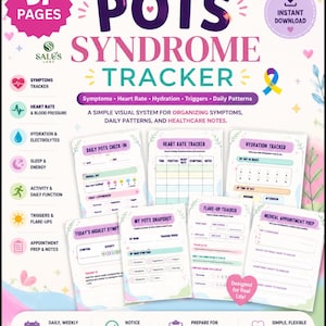 Könnte beinhalten: Ein 51-seitiges digitales POTS Syndrome Tracker Dokument mit Abschnitten für Symptome, Herzfrequenz, Flüssigkeitszufuhr und medizinische Terminvorbereitung. Das Layout enthält farbige Symbole, Textüberschriften und Formulare in Pastelltönen.