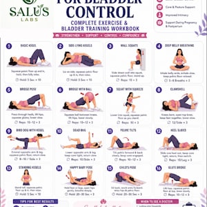 May include: A Salus Labs pelvic floor exercise and bladder training workbook featuring sixteen illustrated workout steps, including kegels, squats, and yoga poses, with benefit lists, tips, and medical advice sections on a white background.