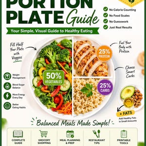 Könnte beinhalten: Der Portion Plate Guide von Salus Labs zeigt eine unterteilte Tellergrafik mit 50% Gemüse, 25% Protein und 25% Kohlenhydraten. Der Text umfasst Eat Better Feel Better und Balanced Meals Made Simple mit Symbolen für die Essensplanung.