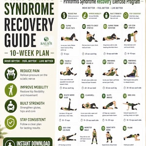 Könnte beinhalten: Ein weißes Informationsplakat mit dem Titel Piriformis Syndrome Recovery Guide 10-Week Plan von Salus Labs. Es enthält sechzehn nummerierte Übungsillustrationen mit Anleitungen, Ziel-Icons und Text, der die Formate A4 und US Letter angibt.