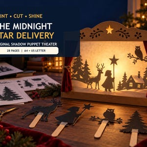 May include: A cardboard shadow puppet theater kit titled The Midnight Star Delivery, featuring a light-up stage with a silhouette of a person, deer, owl, and house. Includes 28 pages of printable cutouts, wooden sticks, and red fabric curtains.