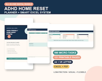 ADHD Home Reset Planner | 121 Pages, 560 Task Cleaning Spreadsheet, Declutter & Routine Bundle