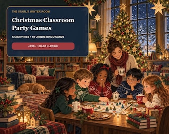 Christmas Classroom Party Games Bundle, 50 Bingo Cards, 12 Kids Activities, Printable PDF