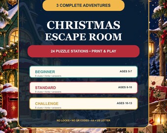 Christmas Escape Room for Kids, 3 Holiday Mystery Quests, 24 Printable Puzzle Stations