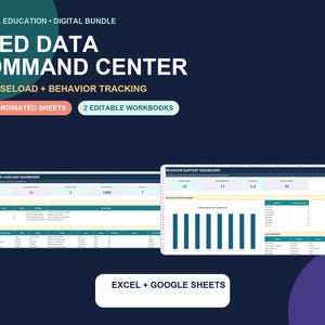 Può includere: Un pacchetto digitale intitolato SPED DATA COMMAND CENTER per la gestione dei casi IEP e il monitoraggio del comportamento. Include 19 fogli coordinati e 2 cartelle di lavoro modificabili compatibili con Excel e Google Sheets con dashboard.