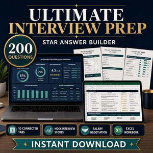 Peut inclure: Produit numérique Ultimate Interview Prep Star Answer Builder avec un ordinateur portable affichant un tableau de bord de préparation, une tablette montrant un classeur Excel et des documents imprimés incluant scorecards et planificateurs.