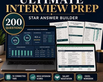Interview Prep Workbook Spreadsheet, 200 Questions, STAR Answer Builder, Mock Interview and Salary Negotiation Planner