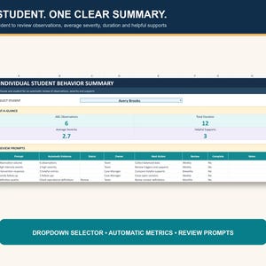 May include: A digital spreadsheet titled Individual Student Behavior Summary featuring a dropdown menu for Avery Brooks, metrics for ABC observations, total duration, average severity, and helpful supports, plus a table of review prompts.