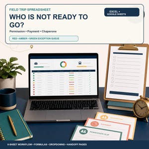 Può includere: Un modello di foglio di calcolo per gite scolastiche per Excel e Google Sheets visualizzato sullo schermo di un portatile. L'interfaccia mostra una dashboard con grafici, indicatori di stato e un elenco. Include una cartellina, un taccuino, una penna e schede etichettate Permission Slip, Payment e Chaperone.