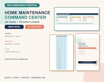 Home Maintenance Tracker | 260 Task Spreadsheet, 120 Page New Homeowner Planner, Warranty & Repair Log
