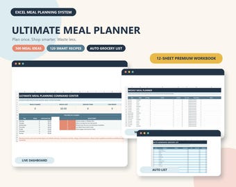 Ultimate Meal Planner Spreadsheet, Auto Grocery List, 500 Meal Ideas, Recipe and Pantry Tracker, Excel Template