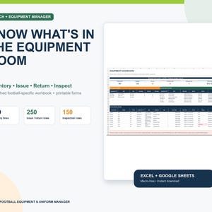 May include: A digital equipment management workbook for football teams, featuring an equipment dashboard, inventory tracking, issue and return logs, and inspection forms. Compatible with Excel and Google Sheets, this tool includes 120 inventory lines, 250 issue/return rows, and 150 inspection rows for organised gear management.
