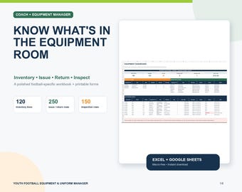 Youth Football Equipment Inventory Spreadsheet, Uniform Issue Return Tracker, Helmet and Gear Manager, Excel Google Sheets