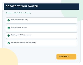 Soccer Tryout Evaluation Spreadsheet | Player Selection, Coach Scorecards & Roster Ranking